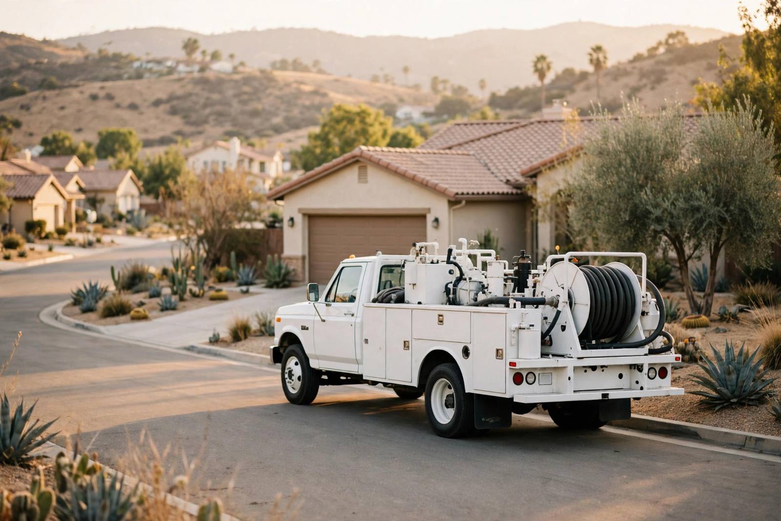 Septic service truck parked on a residential street